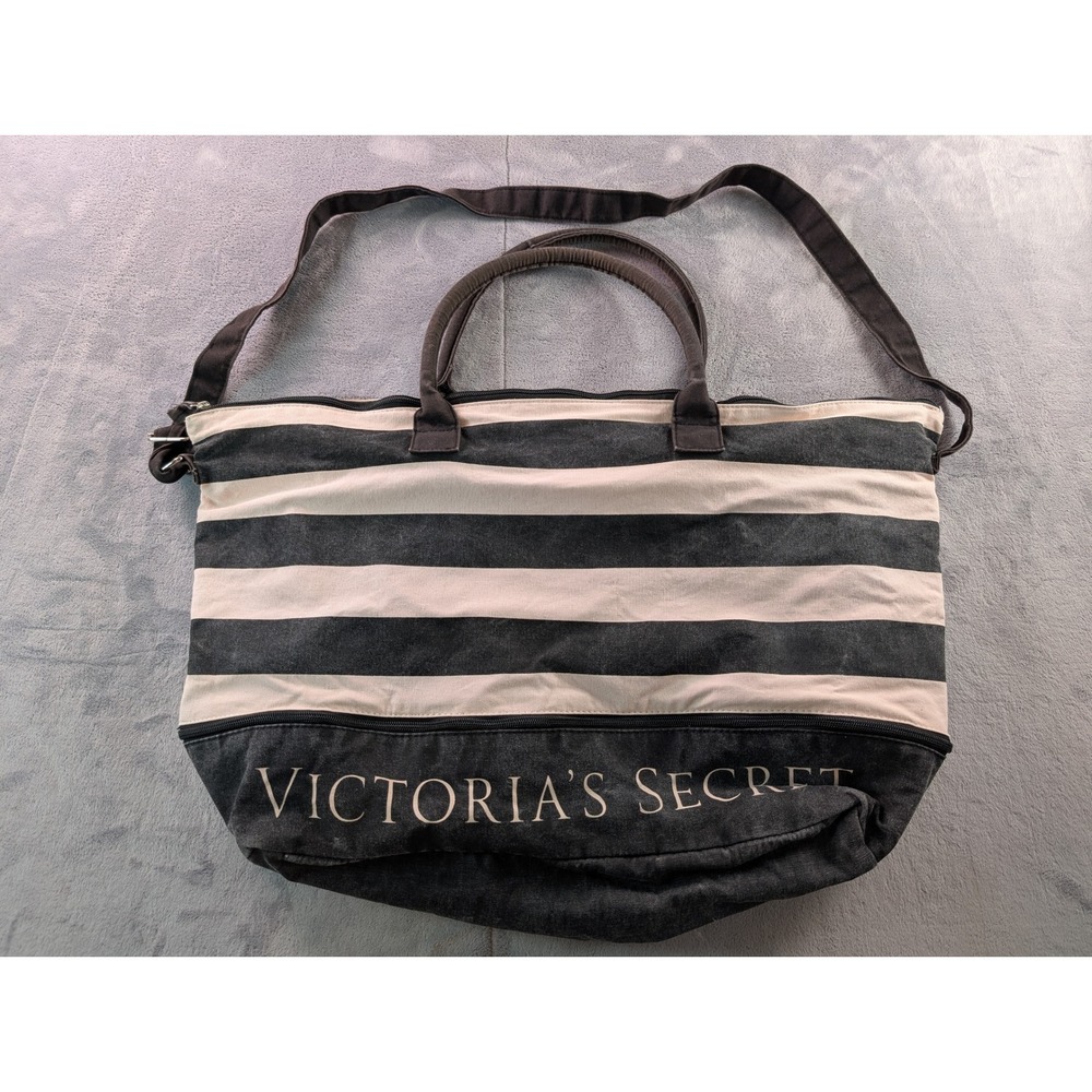 Victorias Secret Striped Canvas Weekender Tote Bag Black White Expandable Travel